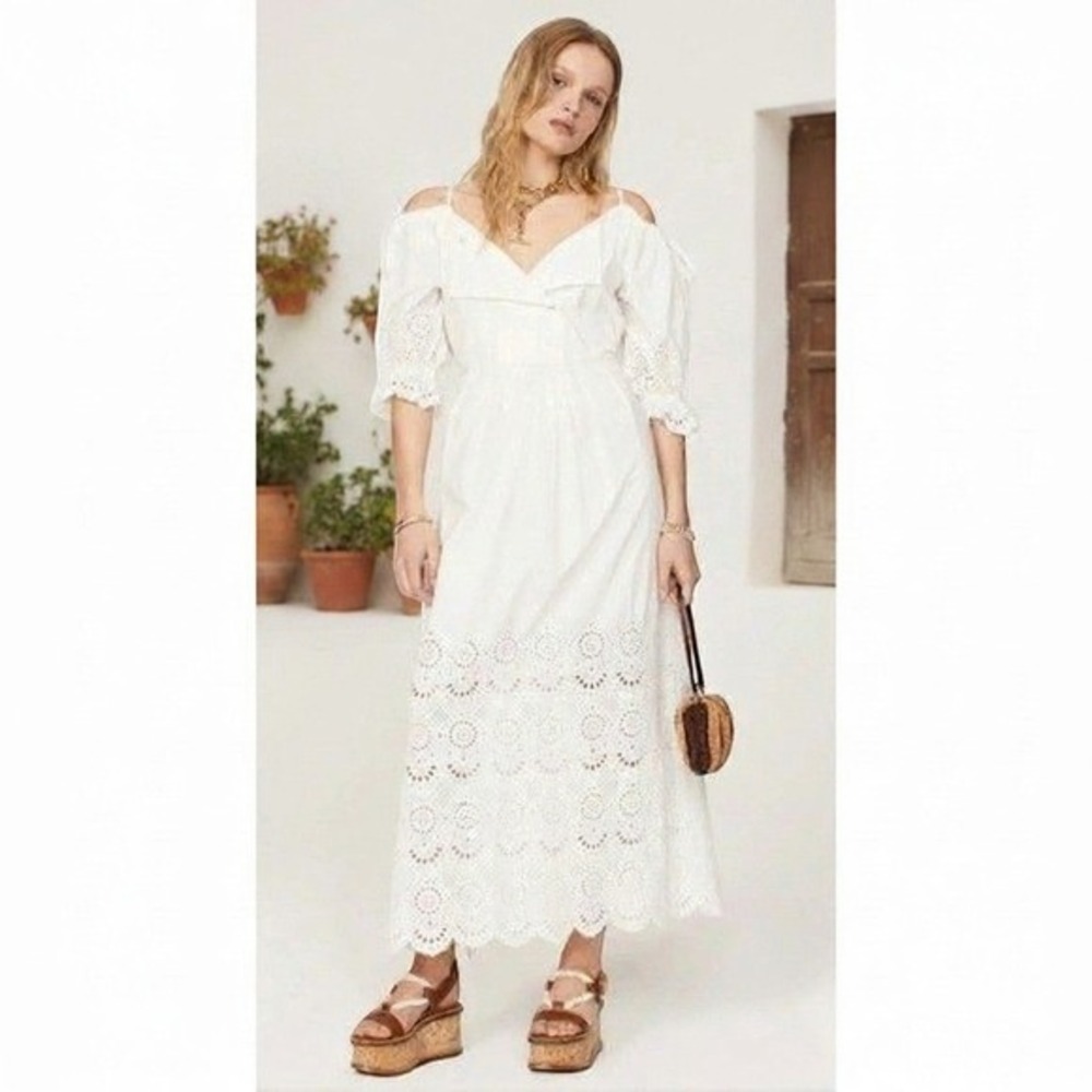 Ulla Johnson Narcisa White Eyelet Cotton Cold Shoulder Maxi Dress Size 6‎